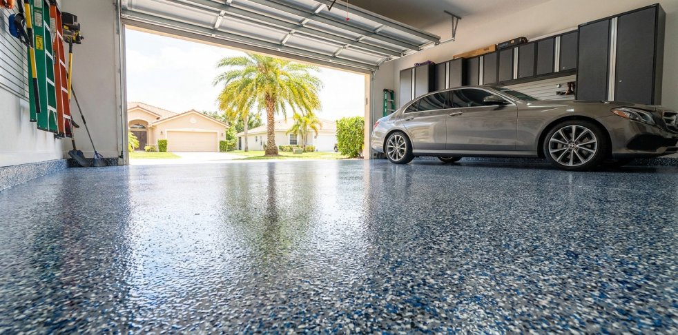 Epoxy-coated garage floor with a parked car in a Lauderhill, FL home