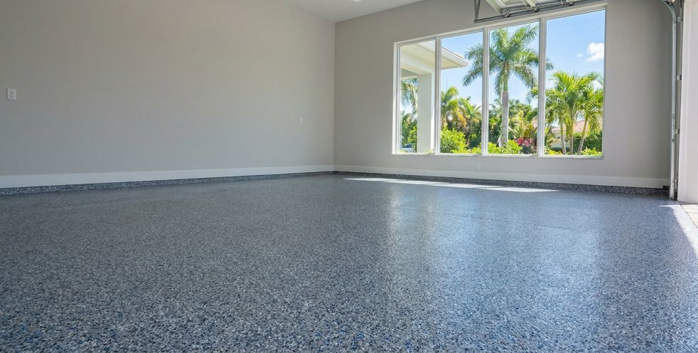 Empty garage with polyaspartic floor coating and palm trees visible through the window