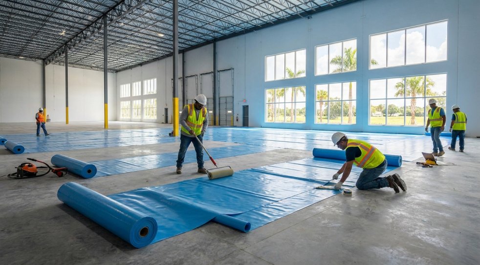 Workers installing a blue moisture vapor barrier on a concrete floor inside a commercial warehouse