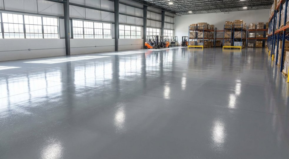 Glossy epoxy-coated warehouse floor with shelving and forklifts in a large industrial storage space