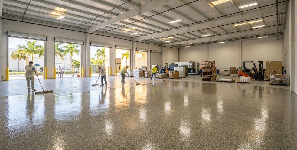 Workers applying epoxy coating to a warehouse concrete floor with open loading bays